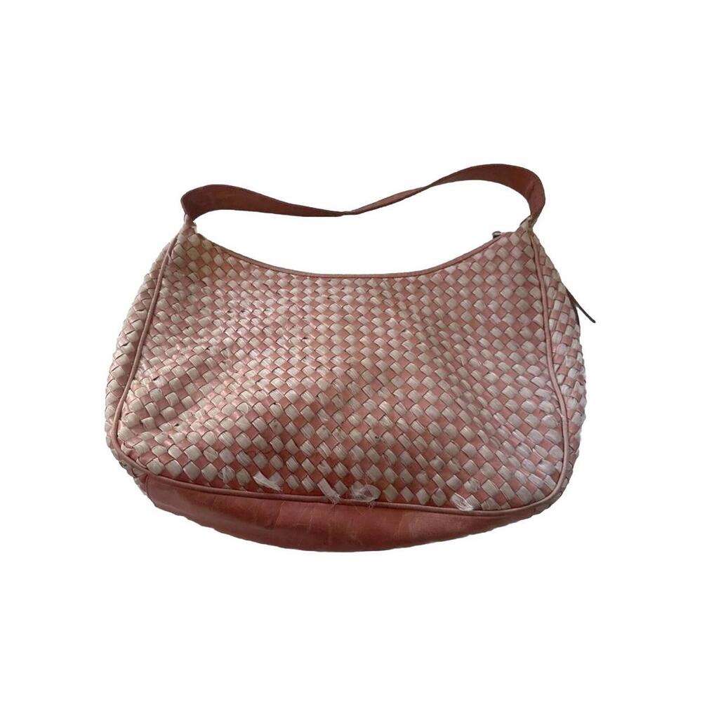 Nuovedive Woven Leather Hobo Shoulder Bag Pink Beige Braided Boho‎ Style Purse